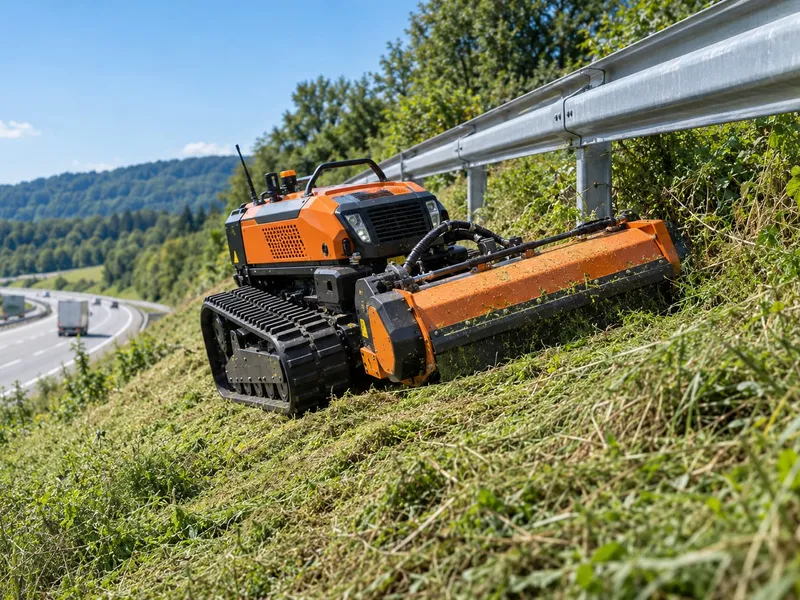 Robot de pente équipé d'un broyeur entretenant la végétation d'un talus routier